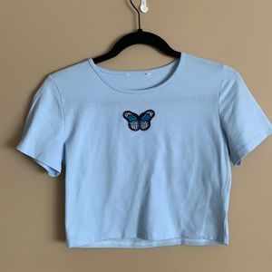Blue Butterfly Crop Top T-shirt